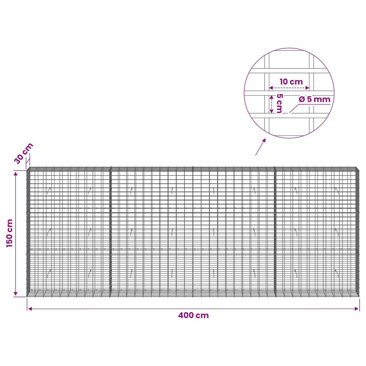 Gabion s žicom debljine 5 mm i mrežom 5x10 cm 400x30x150 cm
