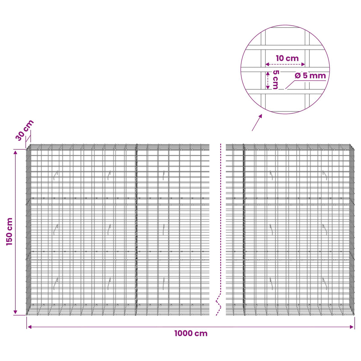 Gabion s žicom debljine 5 mm i mrežom 5x10 cm 1000x30x150 cm