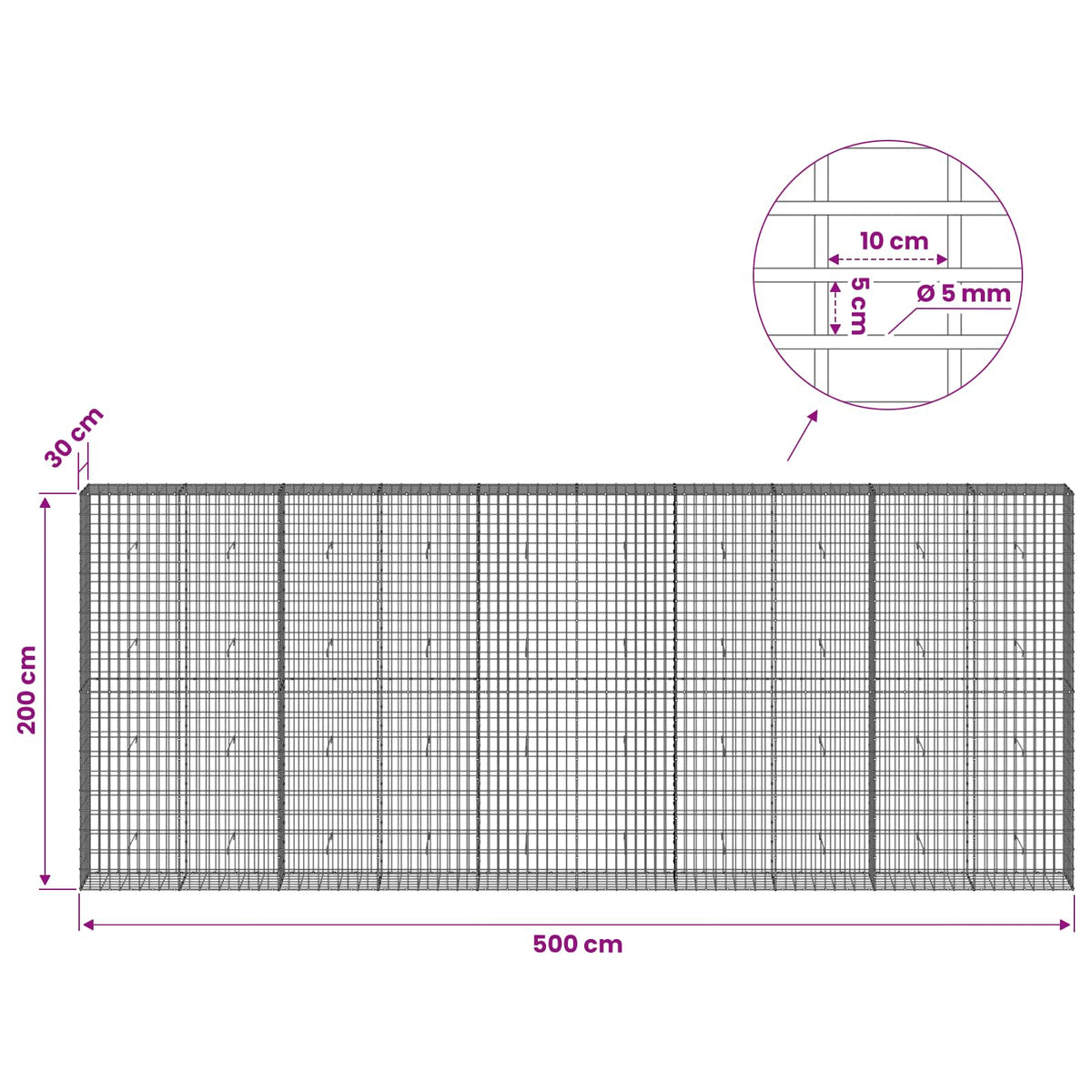 Gabion s žicom debljine 5 mm i mrežom 5x10 cm 500x30x200 cm