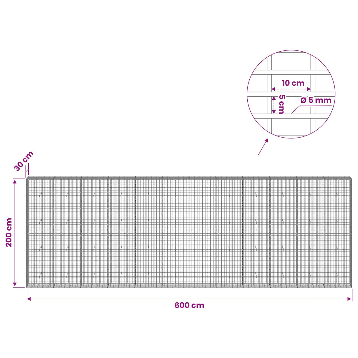 Gabion s žicom debljine 5 mm i mrežom 5x10 cm 600x30x200 cm