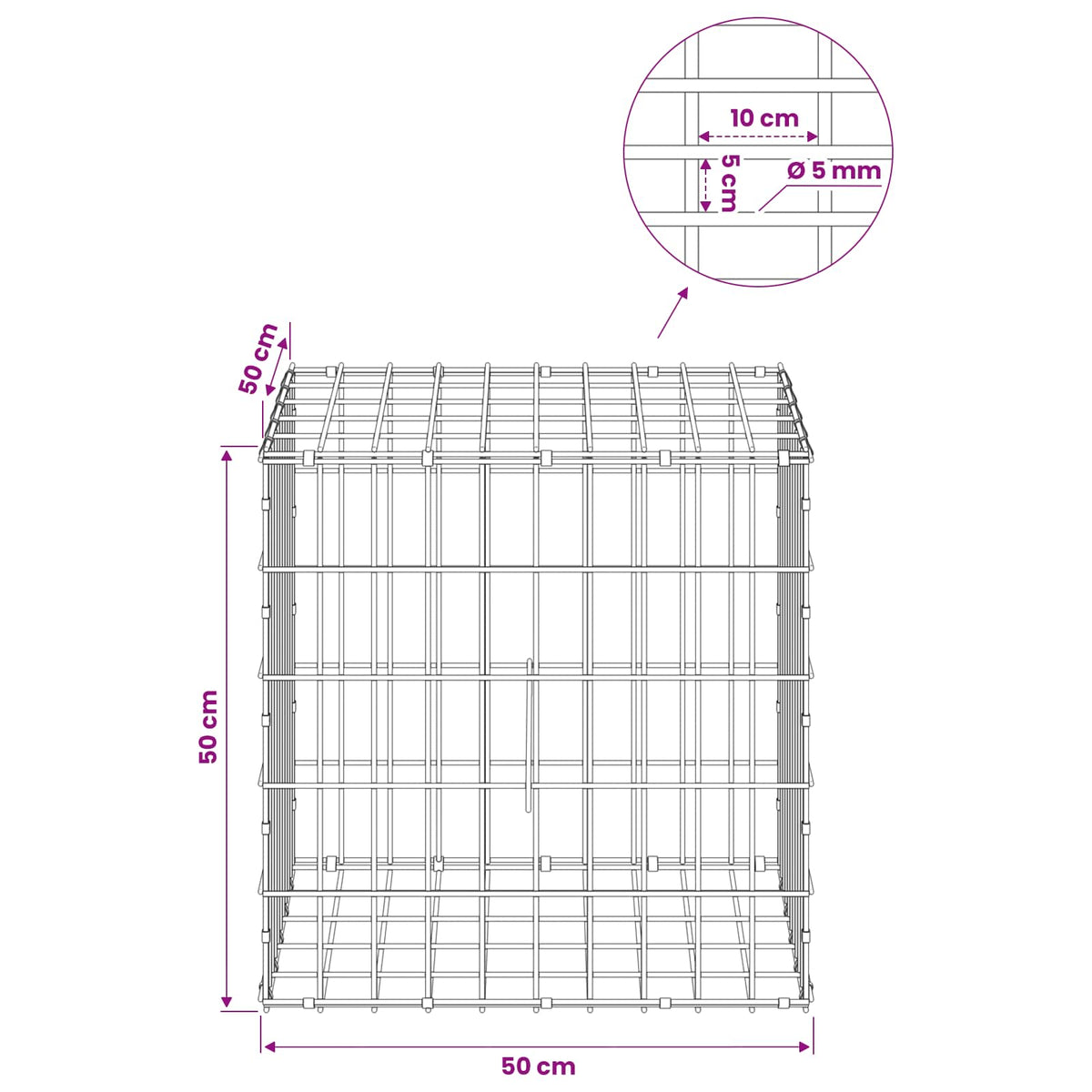 Gabion s žicom debljine 5 mm i mrežom 5x10 cm 50x50x50 cm