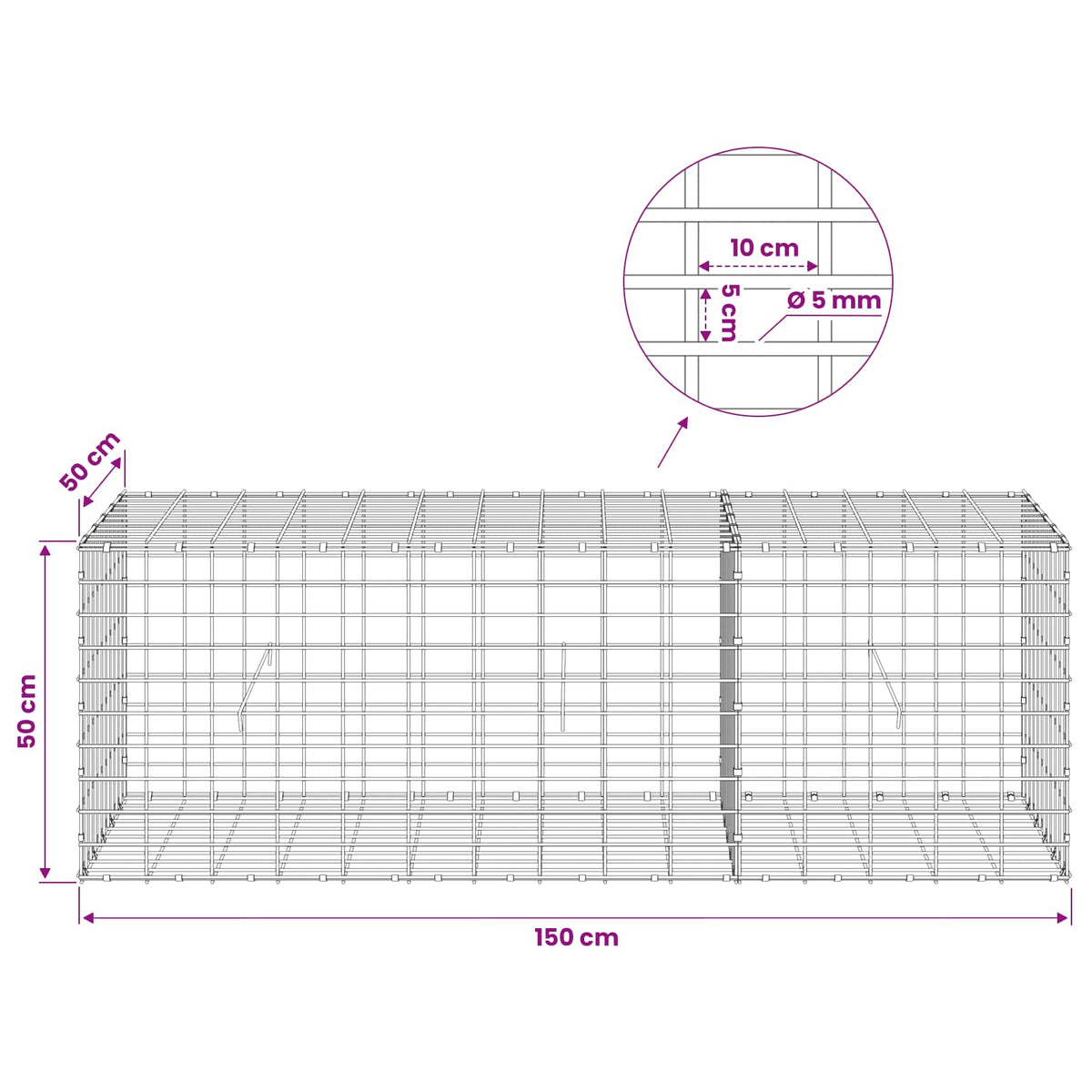 Gabion s žicom debljine 5 mm i mrežom 5x10 cm 150x50x50 cm