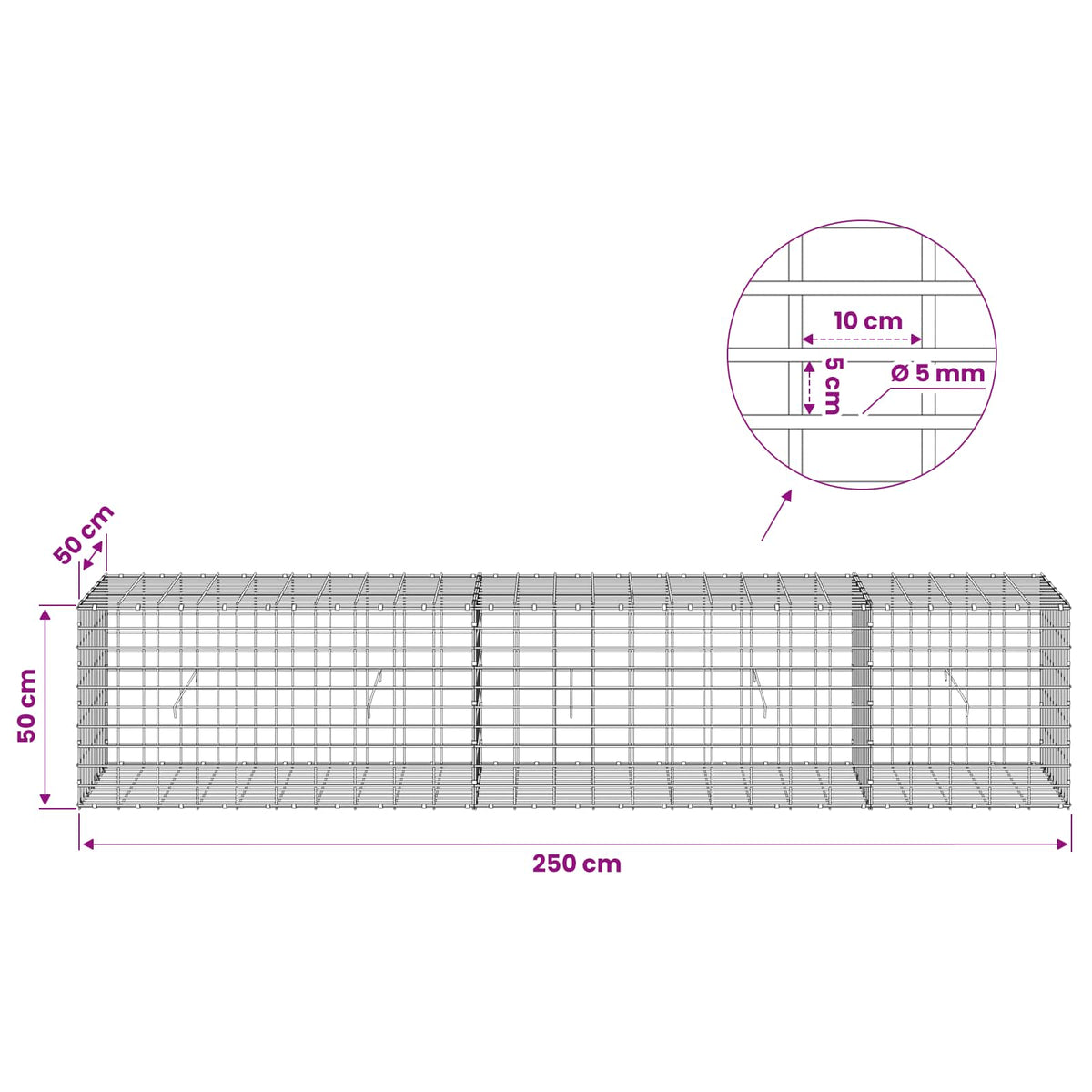 Gabion s žicom debljine 5 mm i mrežom 5x10 cm 250x50x50 cm