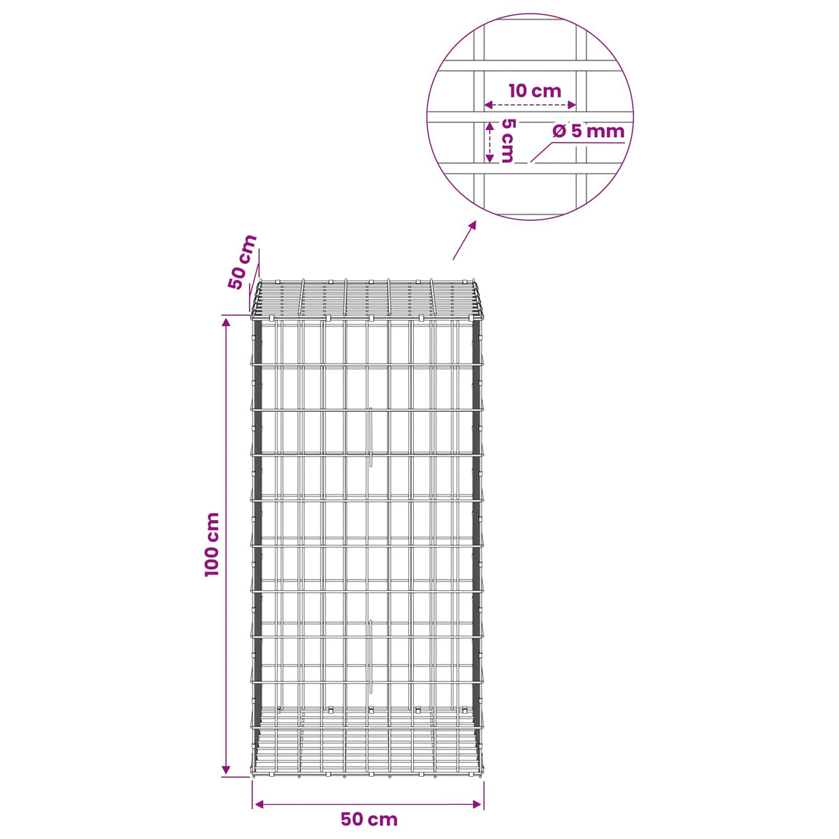 Gabion s žicom debljine 5 mm i mrežom 5x10 cm 50x50x100 cm