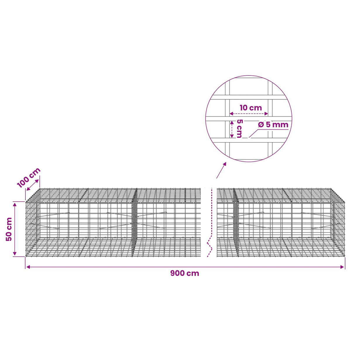 Gabion s žicom debljine 5 mm i mrežom 5x10 cm 900x100x50 cm