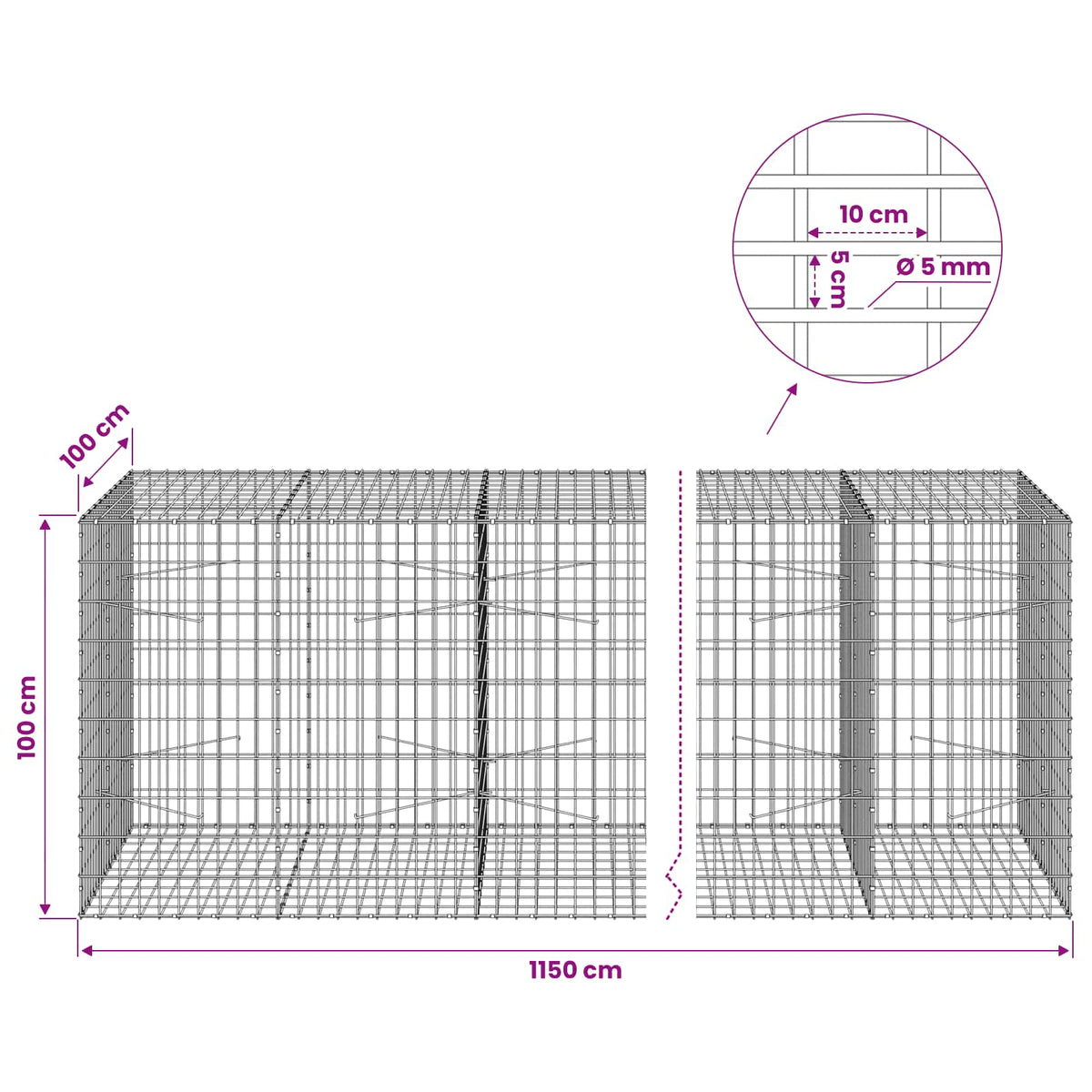 Gabion s žicom debljine 5 mm i mrežom 5x10 cm 1150x100x100 cm
