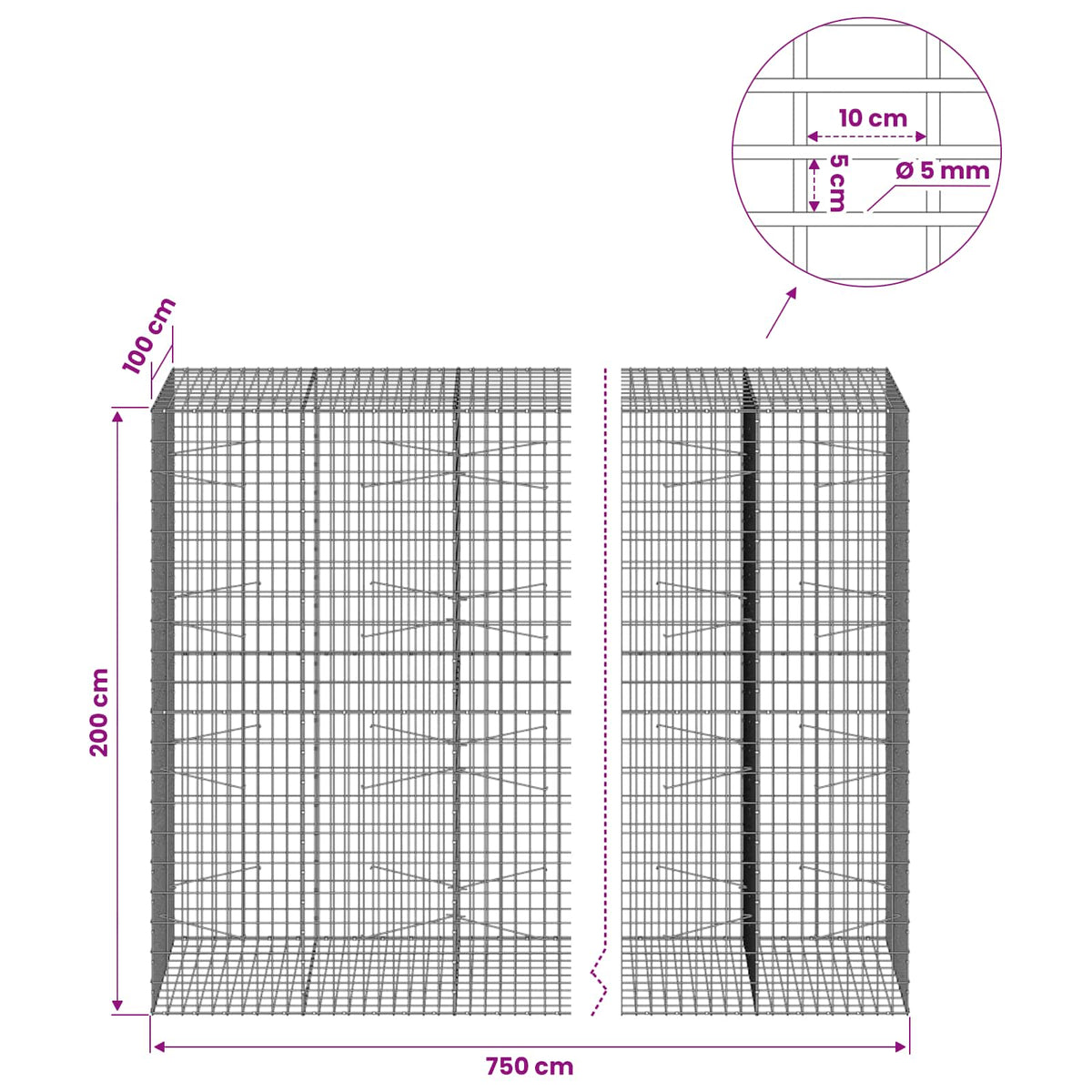 Gabion s žicom debljine 5 mm i mrežom 5x10 cm 750x100x200 cm