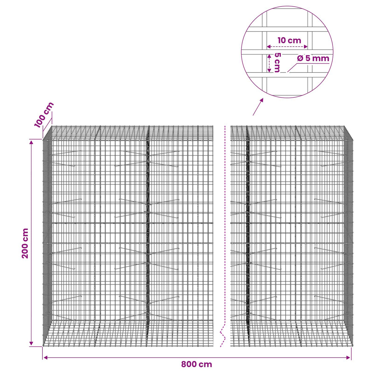 Gabion s žicom debljine 5 mm i mrežom 5x10 cm 800x100x200 cm