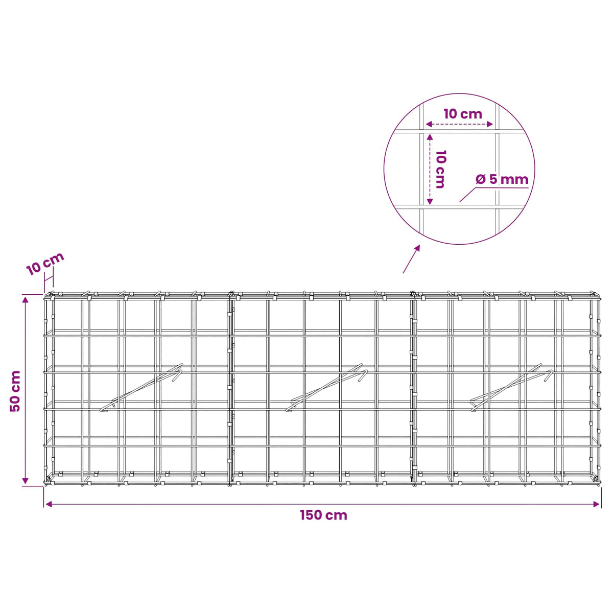 Gabion s žicom debljine 5 mm i mrežom 10x10 cm 150x10x50 cm