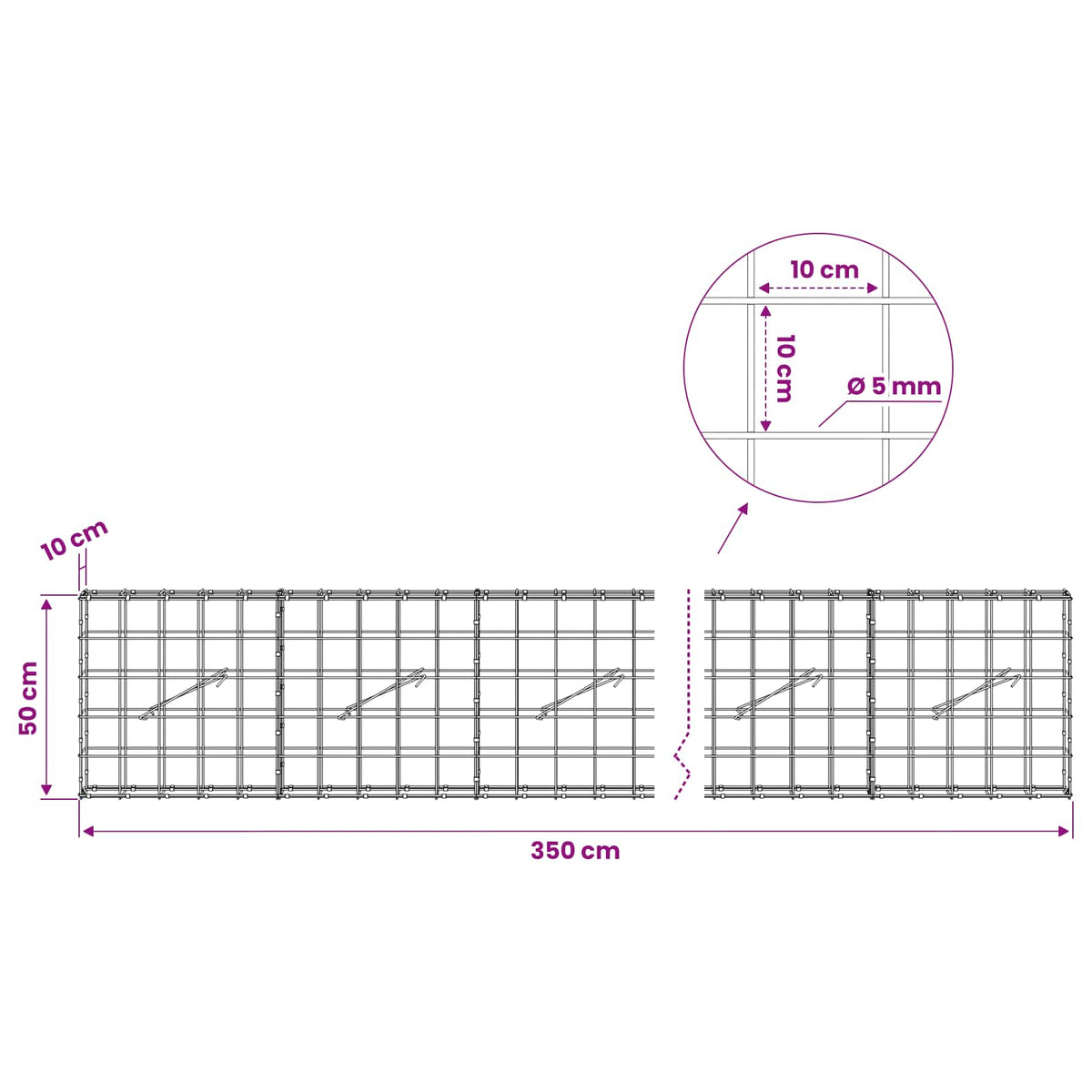 Gabion s žicom debljine 5 mm i mrežom 10x10 cm 350x10x50 cm