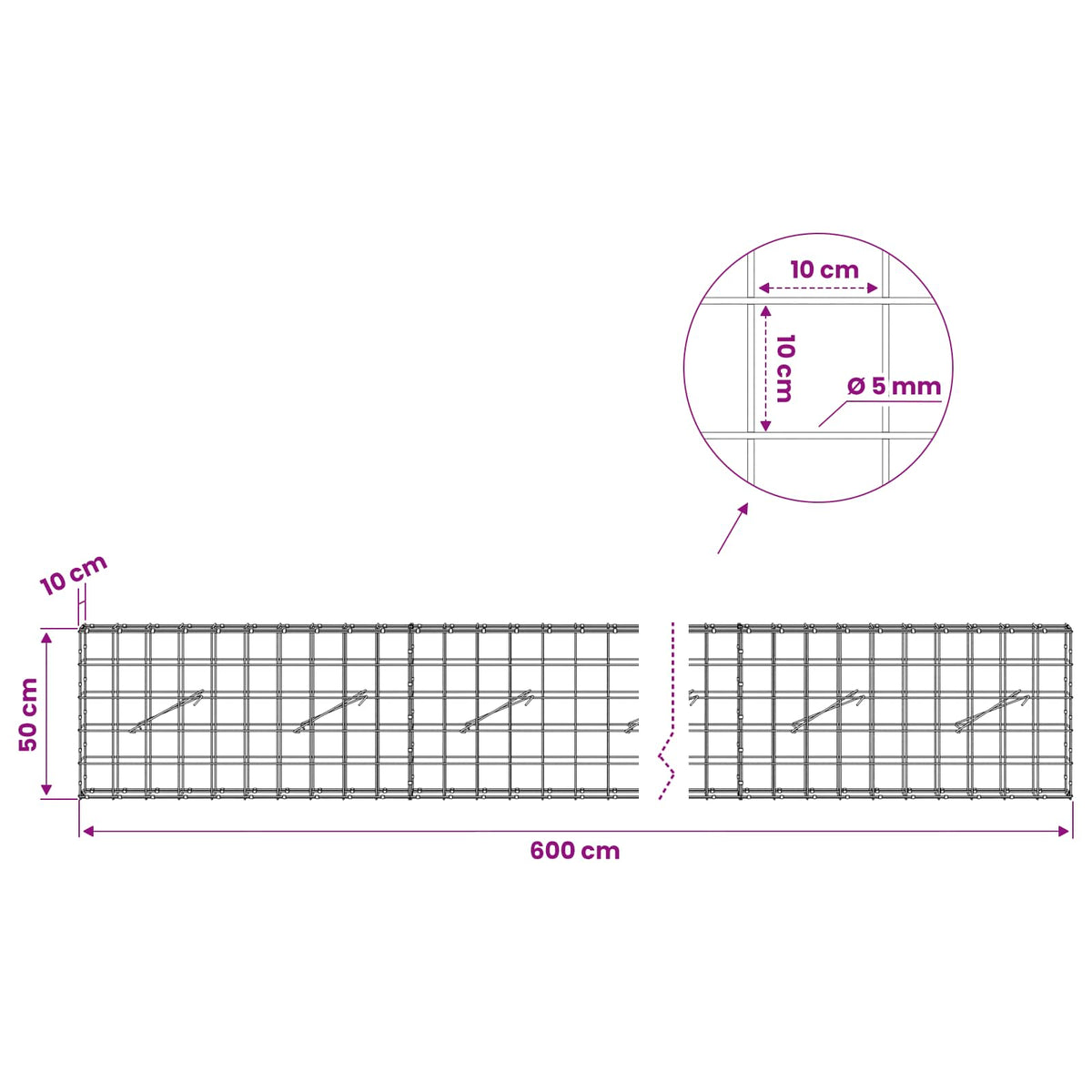 Gabion s žicom debljine 5 mm i mrežom 10x10 cm 600x10x50 cm