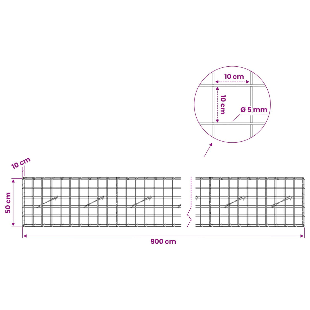 Gabion s žicom debljine 5 mm i mrežom 10x10 cm 900x10x50 cm