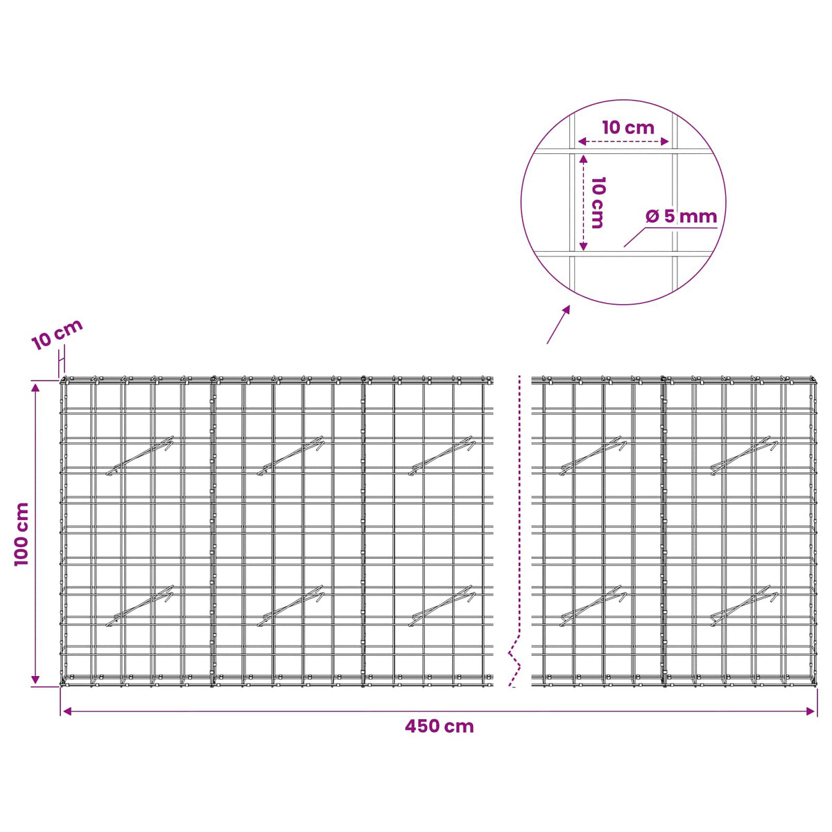 Gabion s žicom debljine 5 mm i mrežom 10x10 cm 450x10x100 cm