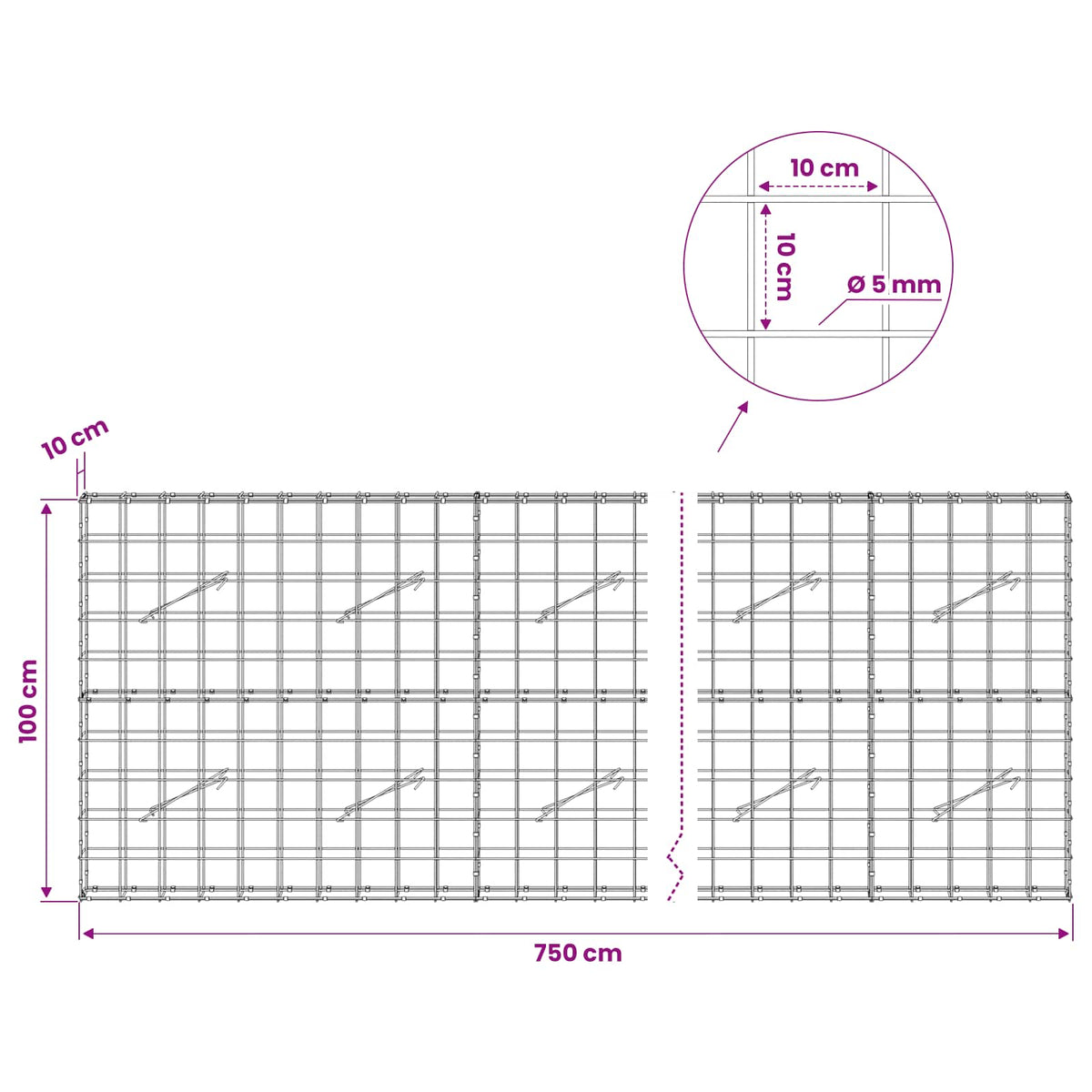 Gabion s žicom debljine 5 mm i mrežom 10x10 cm 750x10x100 cm