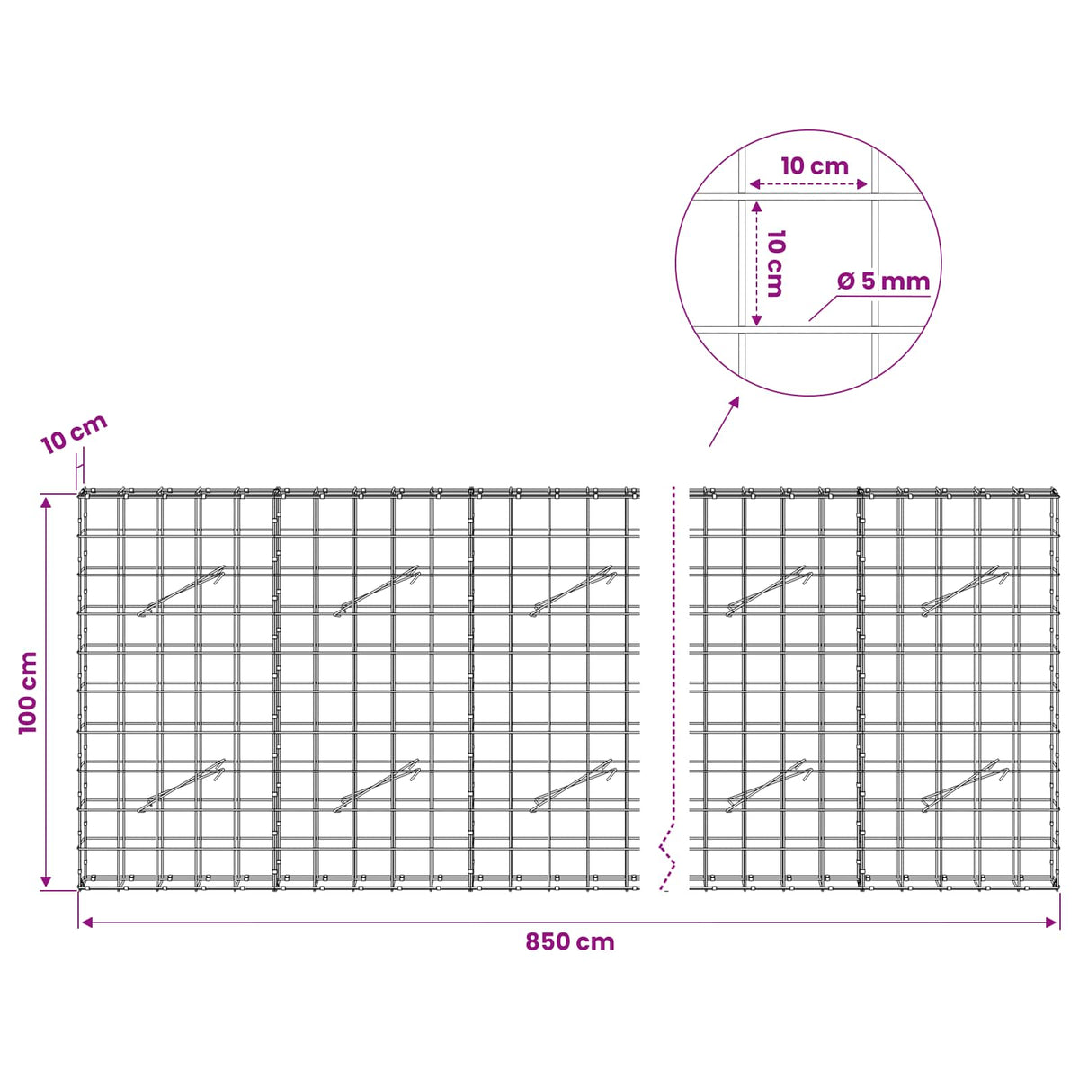 Gabion s žicom debljine 5 mm i mrežom 10x10 cm 850x10x100 cm
