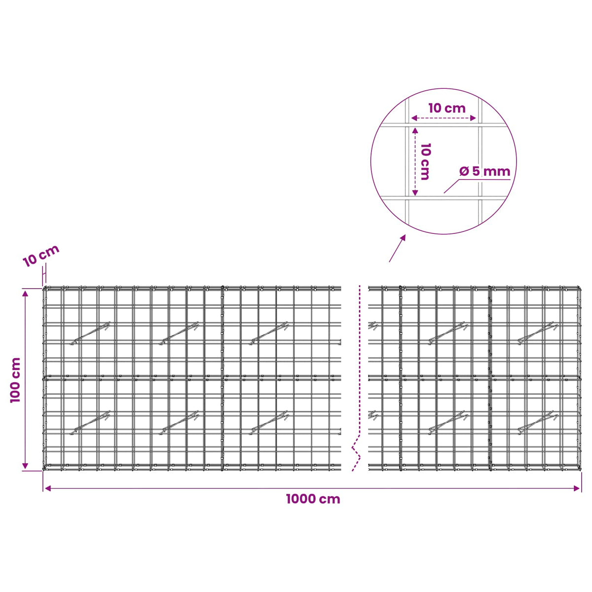 Gabion s žicom debljine 5 mm i mrežom 10x10 cm 1000x10x100 cm