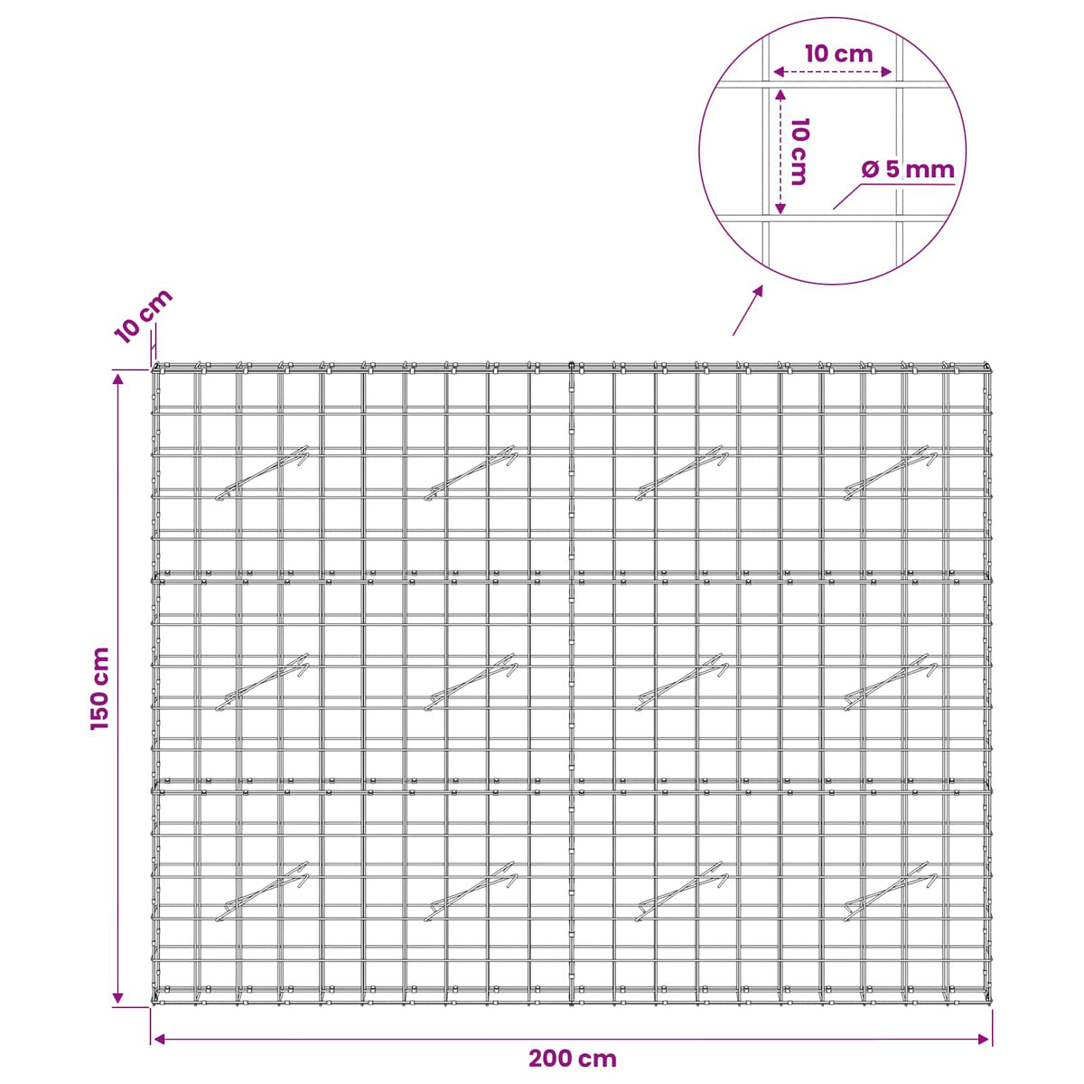 Gabion s žicom debljine 5 mm i mrežom 10x10 cm 200x10x150 cm