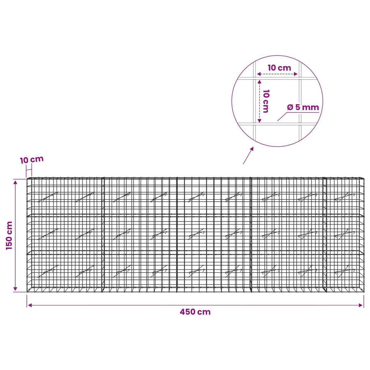Gabion s žicom debljine 5 mm i mrežom 10x10 cm 450x10x150 cm