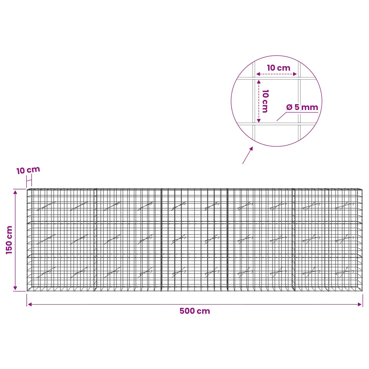 Gabion s žicom debljine 5 mm i mrežom 10x10 cm 500x10x150 cm