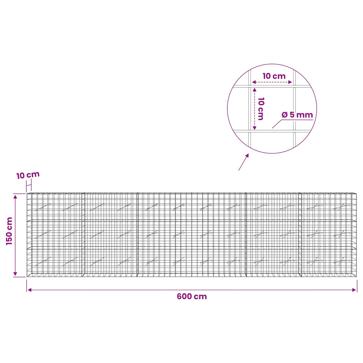 Gabion s žicom debljine 5 mm i mrežom 10x10 cm 600x10x150 cm