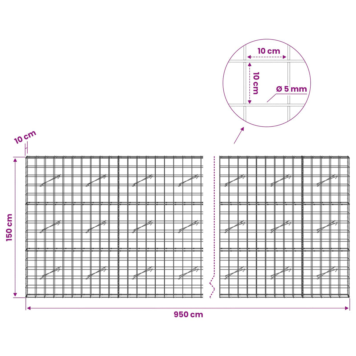 Gabion s žicom debljine 5 mm i mrežom 10x10 cm 950x10x150 cm