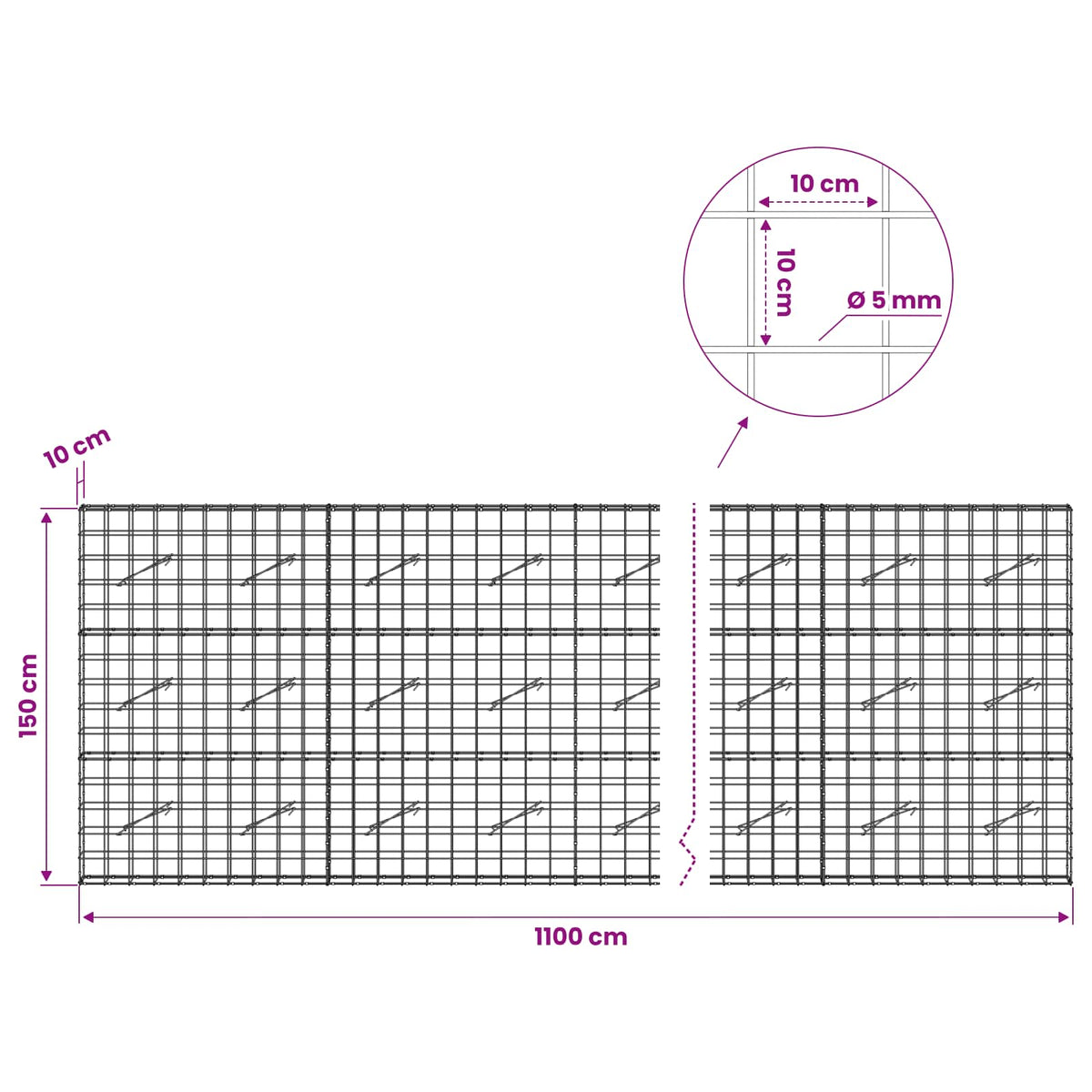 Gabion s žicom debljine 5 mm i mrežom 10x10 cm 1100x10x150 cm