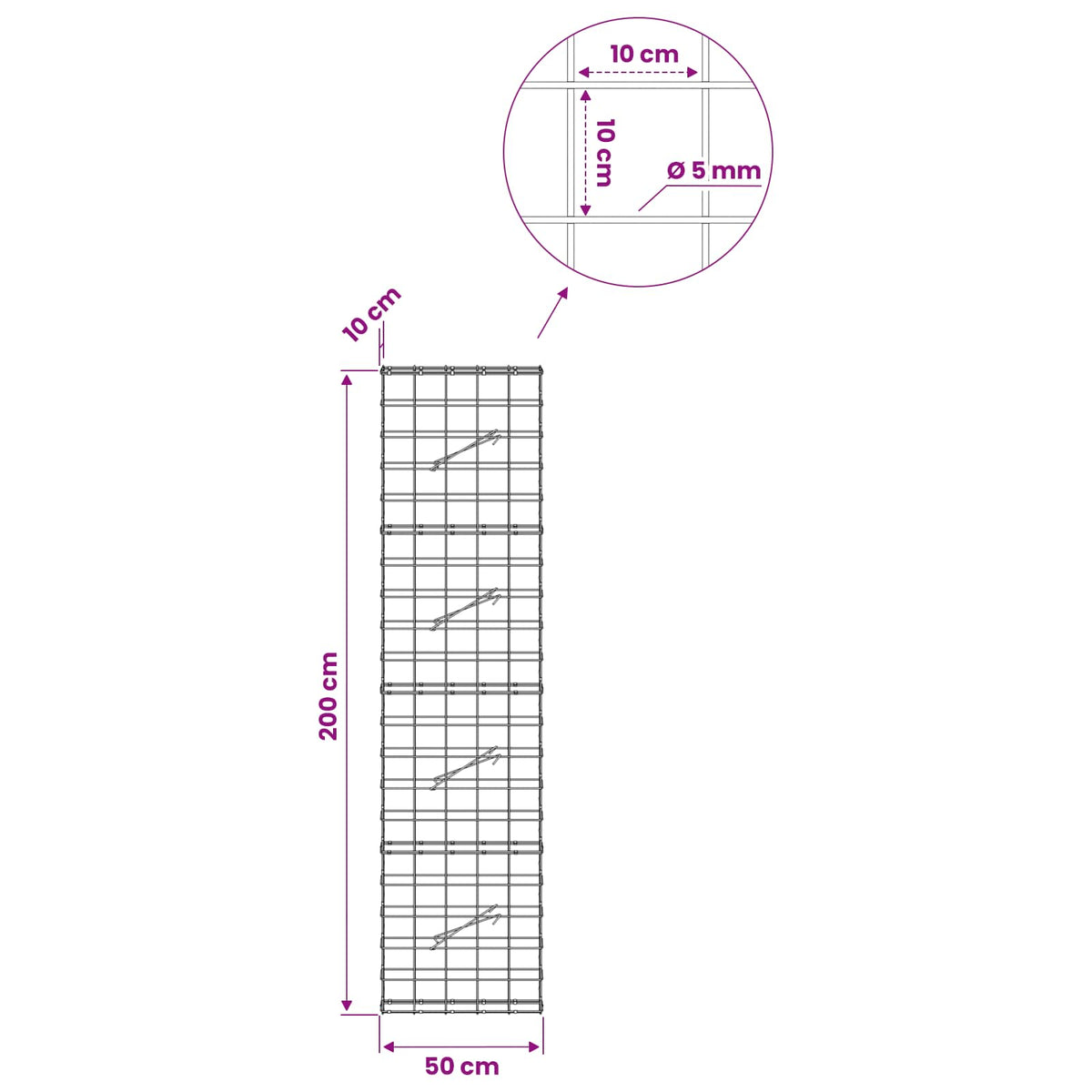 Gabion s žicom debljine 5 mm i mrežom 10x10 cm 50x10x200 cm