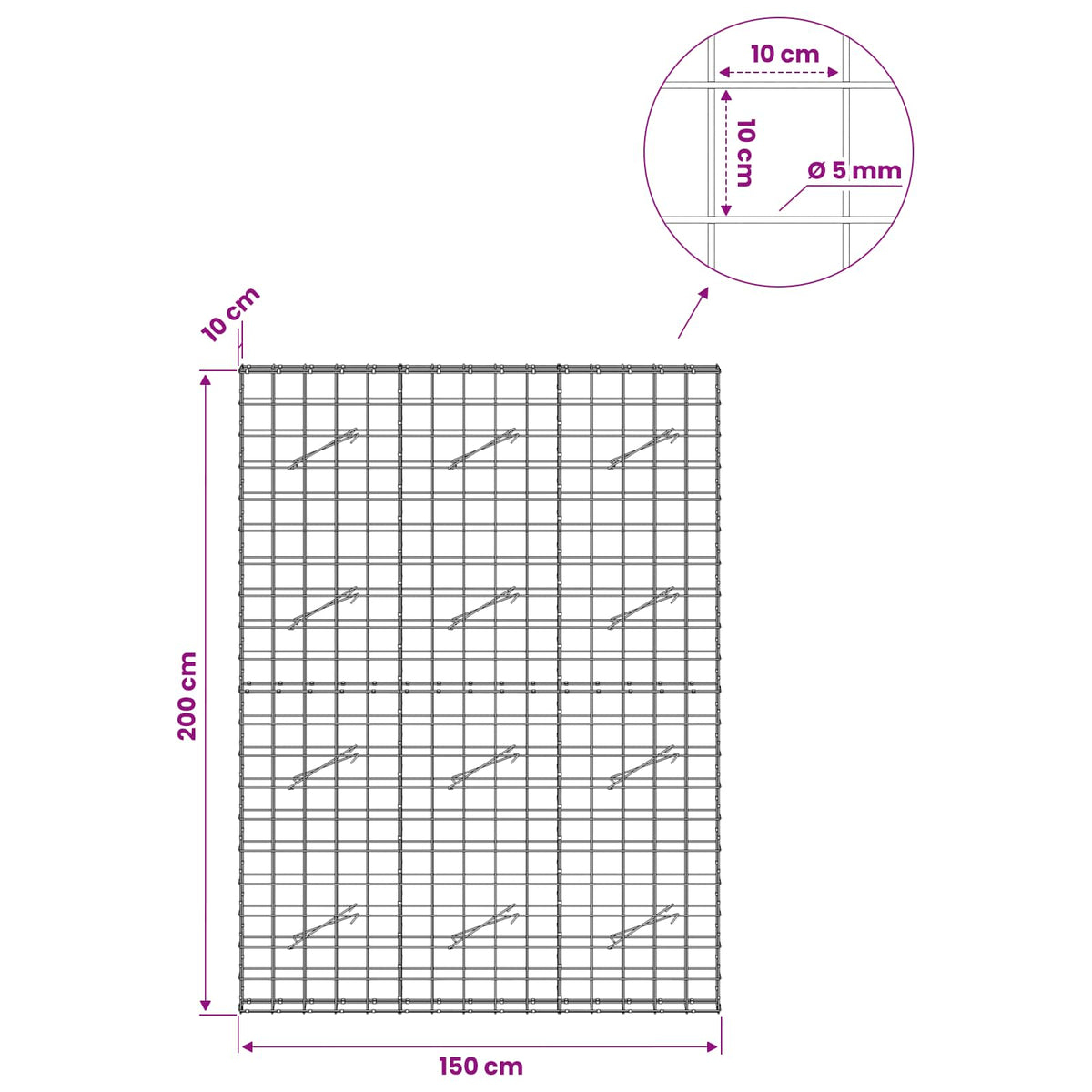Gabion s žicom debljine 5 mm i mrežom 10x10 cm 150x10x200 cm