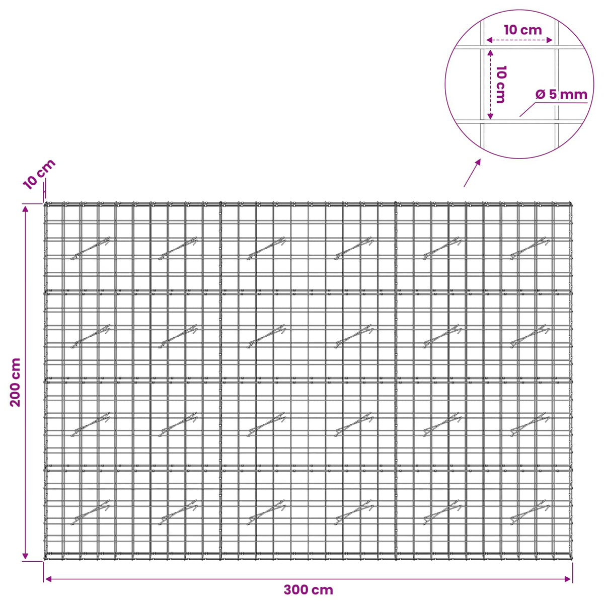 Gabion s žicom debljine 5 mm i mrežom 10x10 cm 300x10x200 cm