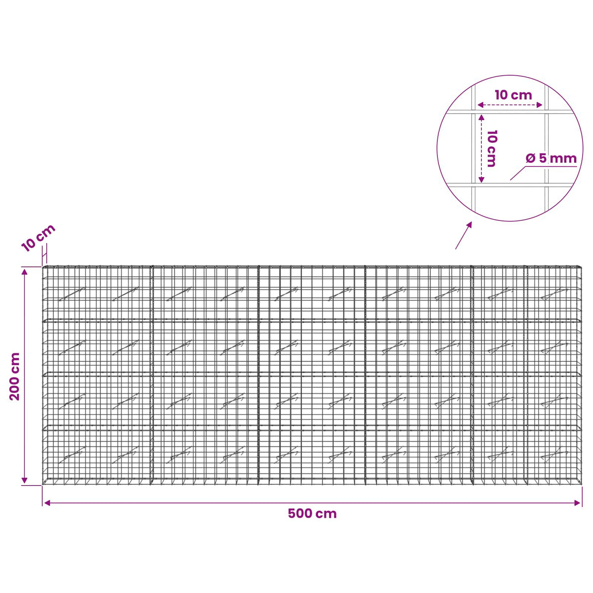 Gabion s žicom debljine 5 mm i mrežom 10x10 cm 500x10x200 cm