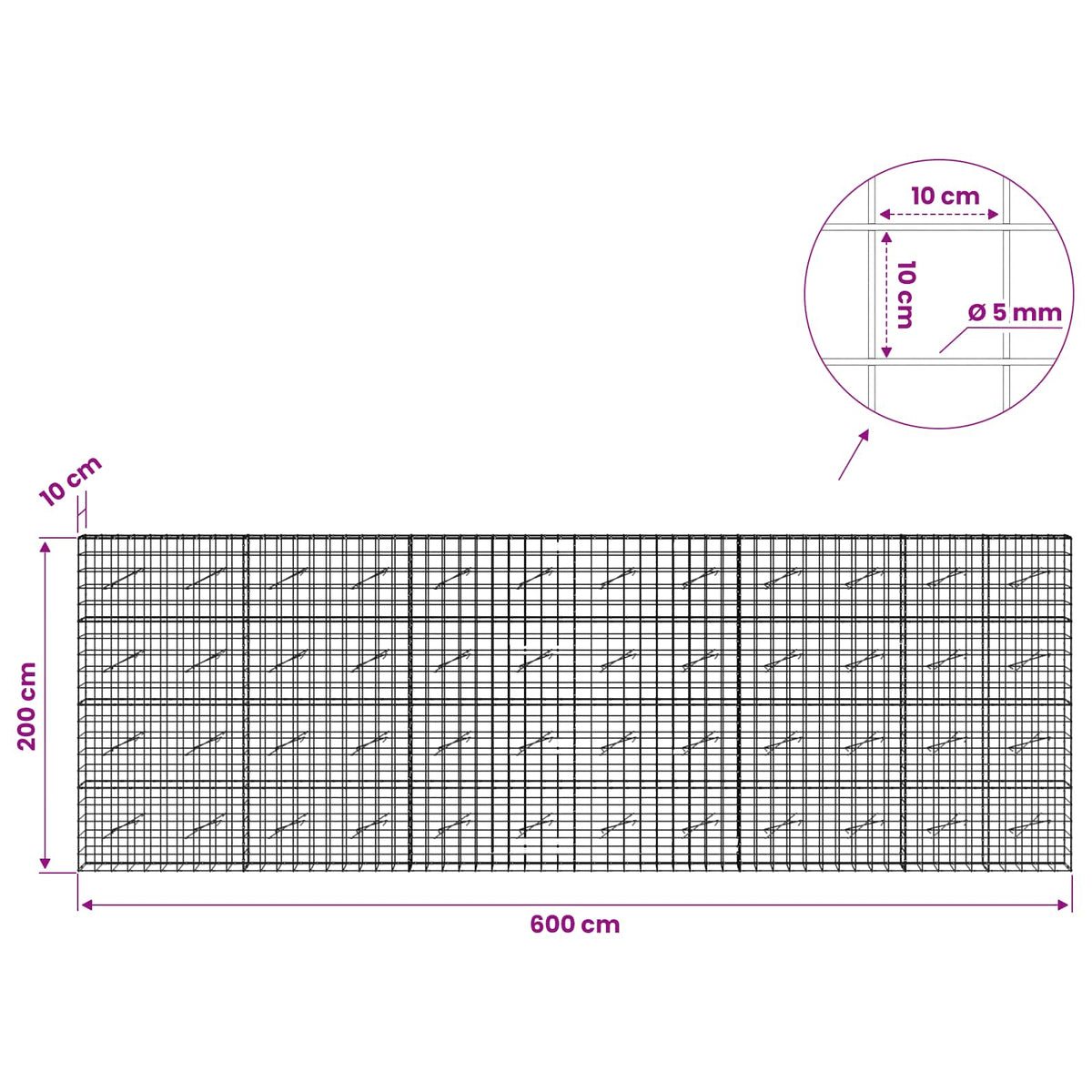 Gabion s žicom debljine 5 mm i mrežom 10x10 cm 600x10x200 cm