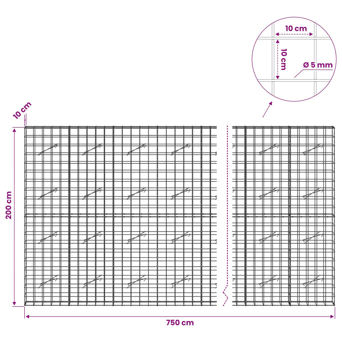 Gabion s žicom debljine 5 mm i mrežom 10x10 cm 750x10x200 cm
