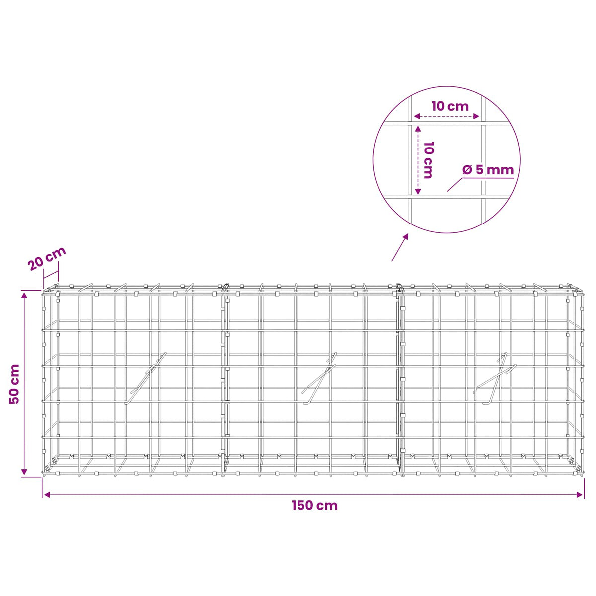 Gabion s žicom debljine 5 mm i mrežom 10x10 cm 150x20x50 cm