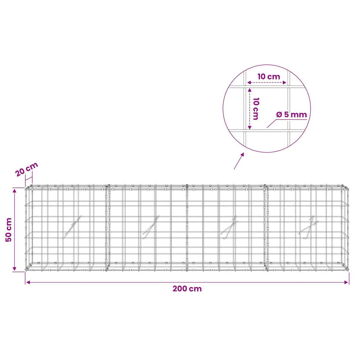 Gabion s žicom debljine 5 mm i mrežom 10x10 cm 200x20x50 cm