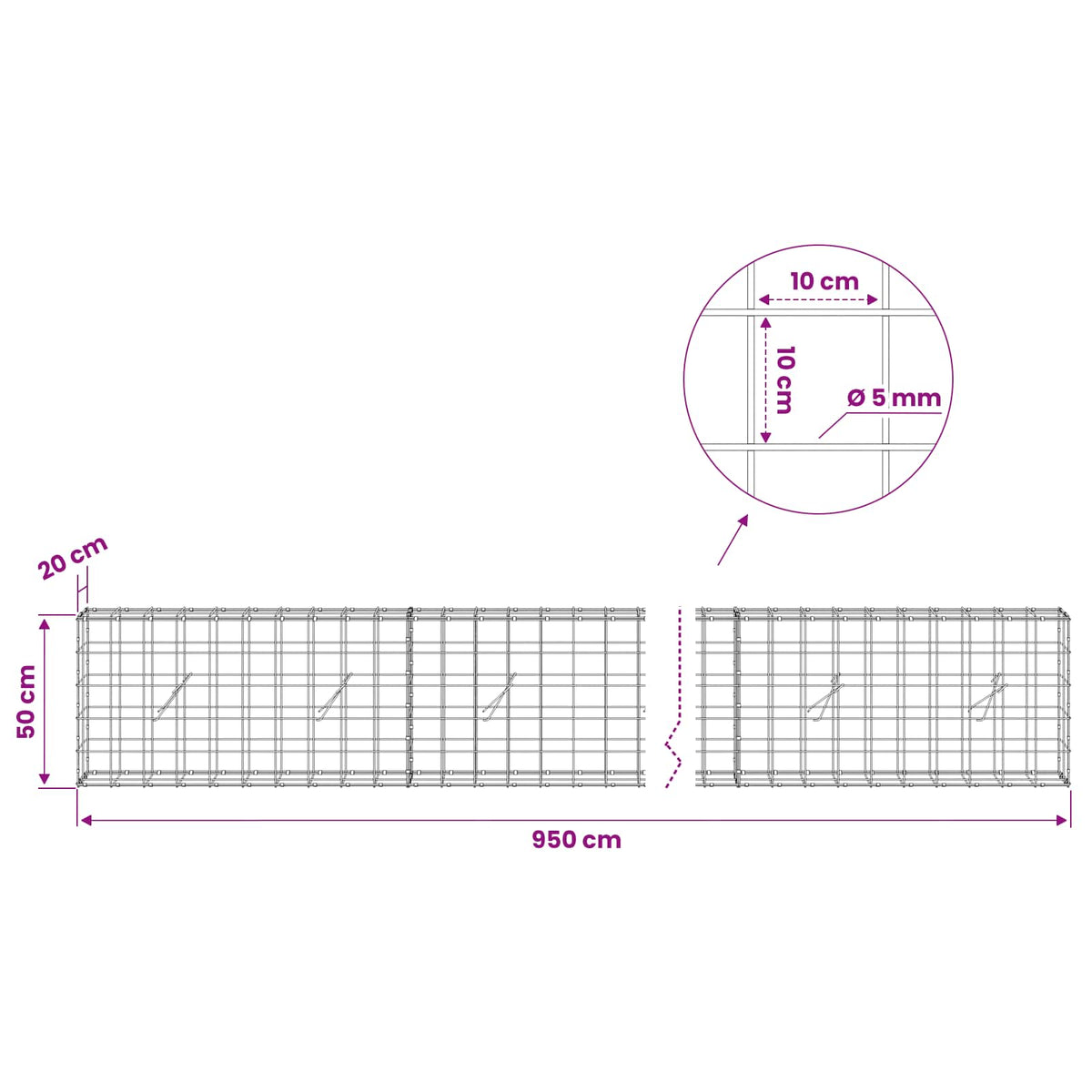 Gabion s žicom debljine 5 mm i mrežom 10x10 cm 950x20x50 cm