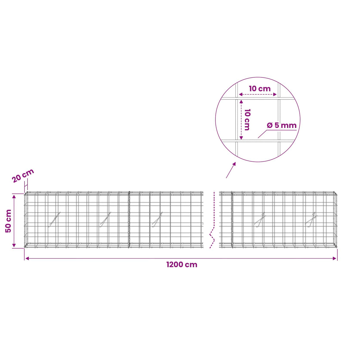 Gabion s žicom debljine 5 mm i mrežom 10x10 cm 1200x20x50 cm