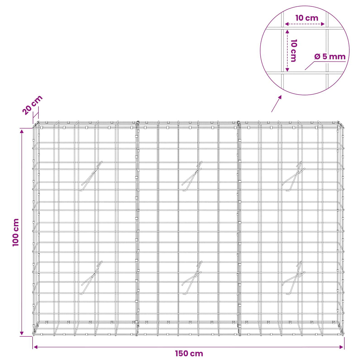 Gabion s žicom debljine 5 mm i mrežom 10x10 cm 150x20x100 cm
