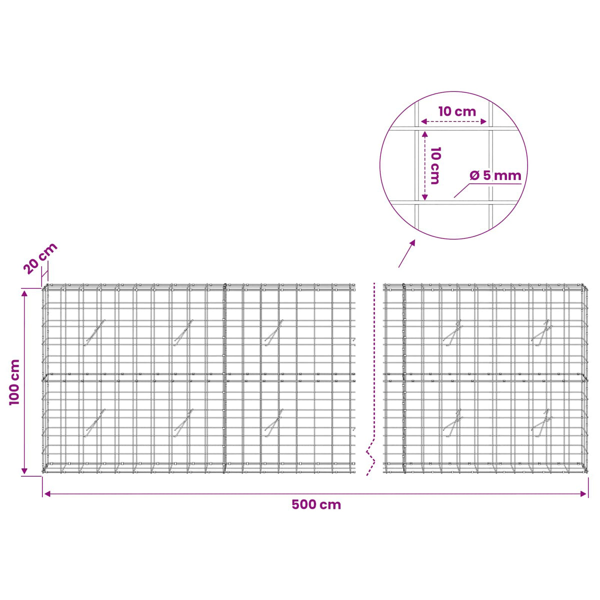 Gabion s žicom debljine 5 mm i mrežom 10x10 cm 500x20x100 cm
