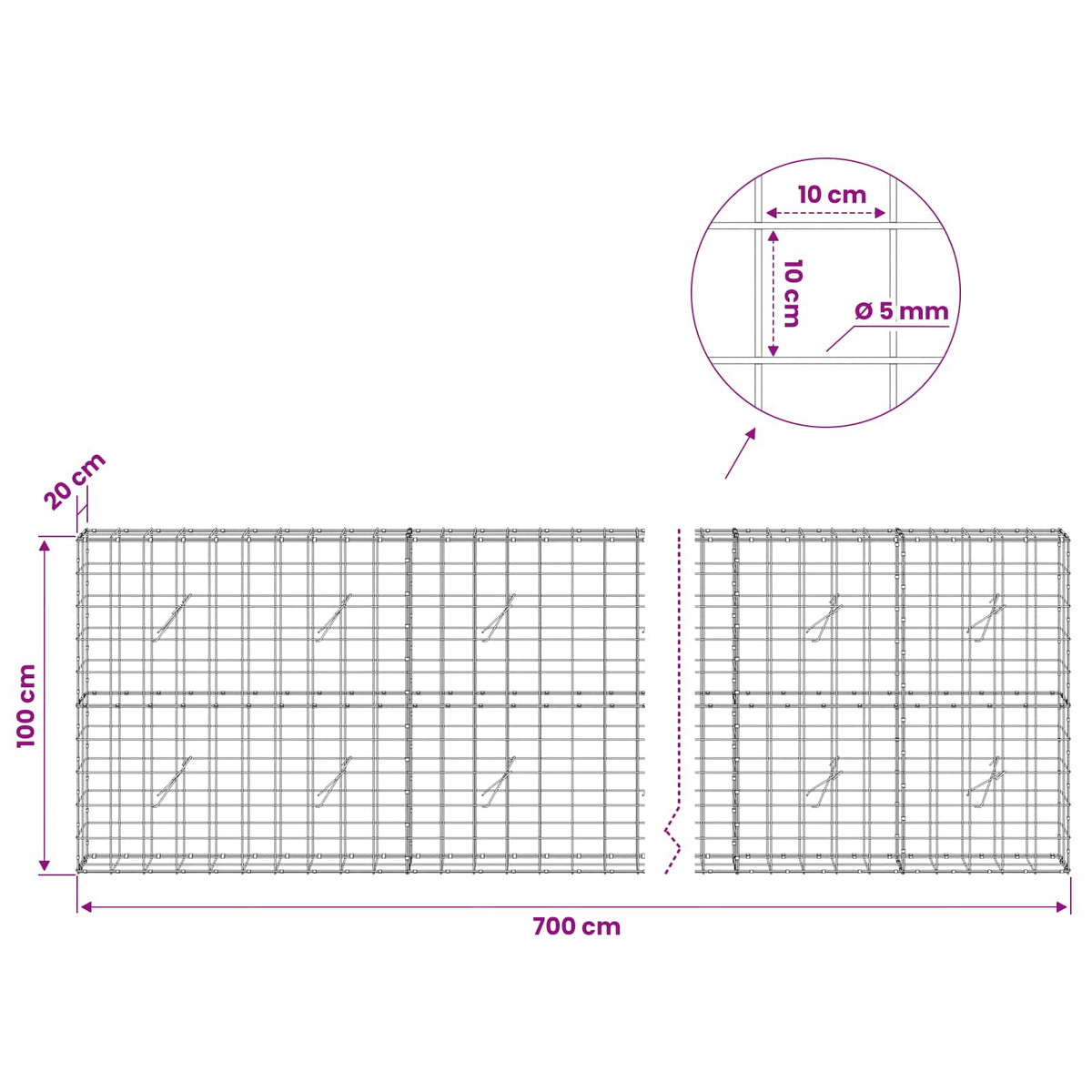 Gabion s žicom debljine 5 mm i mrežom 10x10 cm 700x20x100 cm