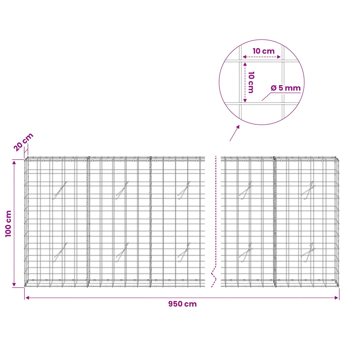 Gabion s žicom debljine 5 mm i mrežom 10x10 cm 950x20x100 cm