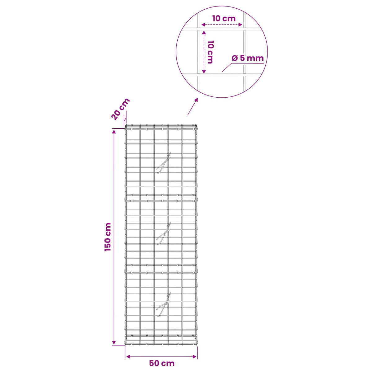 Gabion s žicom debljine 5 mm i mrežom 10x10 cm 50x20x150 cm