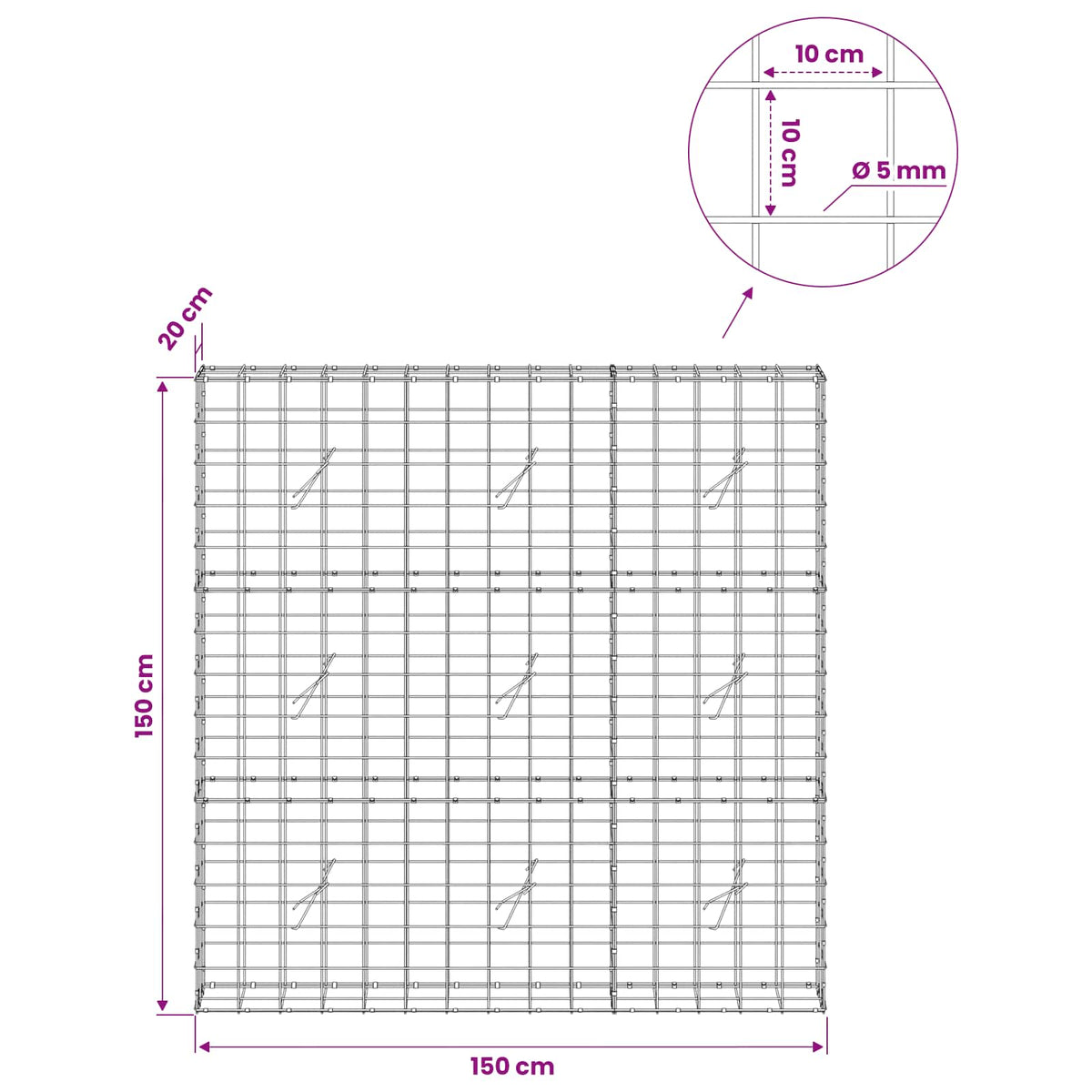 Gabion s žicom debljine 5 mm i mrežom 10x10 cm 150x20x150 cm