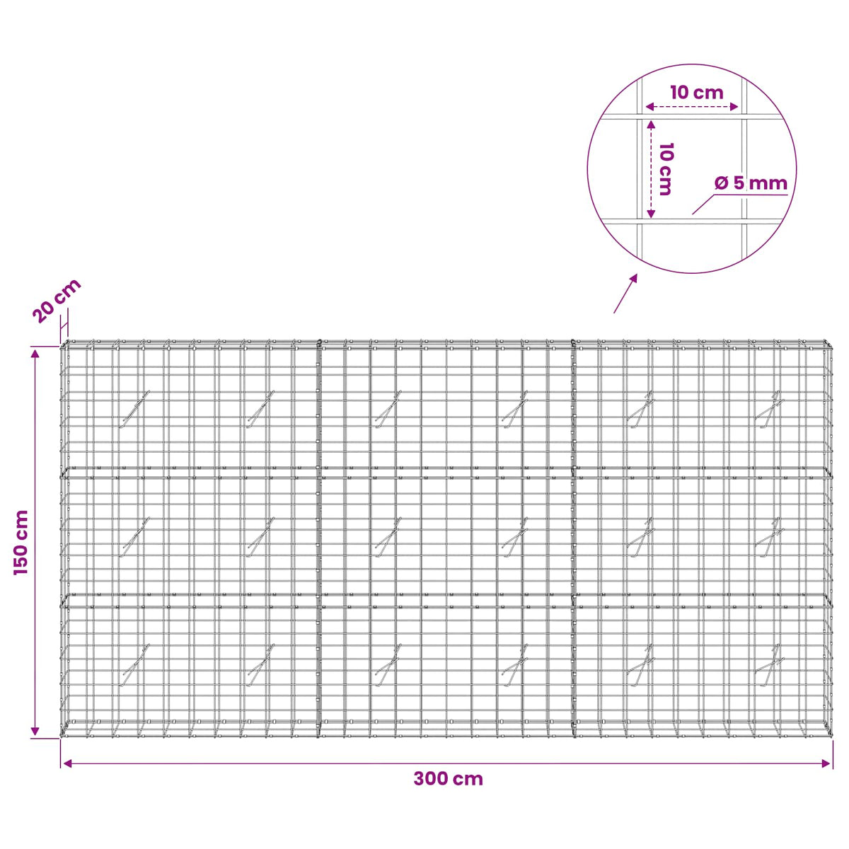 Gabion s žicom debljine 5 mm i mrežom 10x10 cm 300x20x150 cm