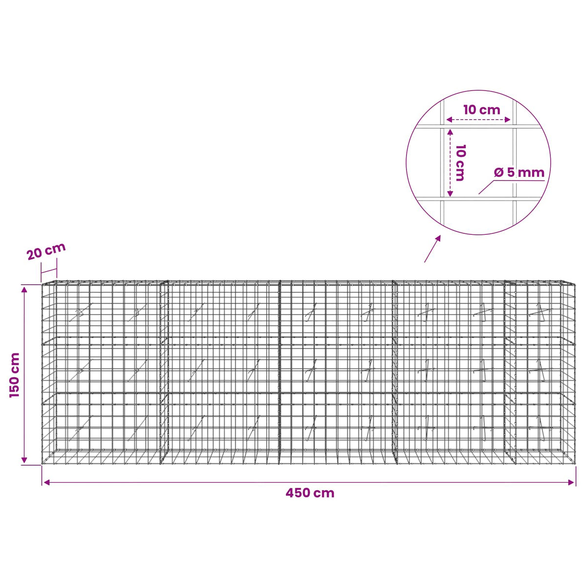 Gabion s žicom debljine 5 mm i mrežom 10x10 cm 450x20x150 cm