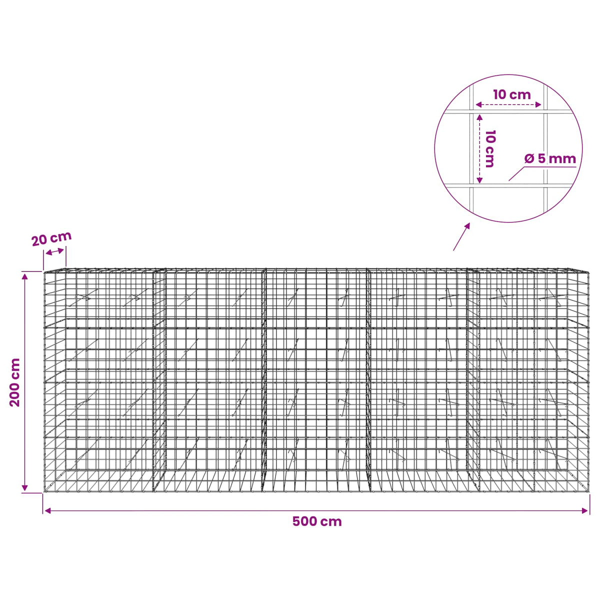 Gabion s žicom debljine 5 mm i mrežom 10x10 cm 500x20x200 cm