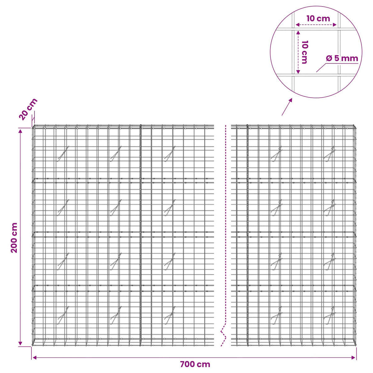 Gabion s žicom debljine 5 mm i mrežom 10x10 cm 700x20x200 cm