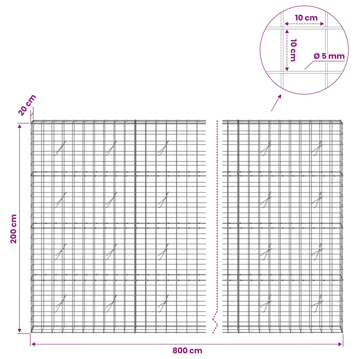 Gabion s žicom debljine 5 mm i mrežom 10x10 cm 800x20x200 cm