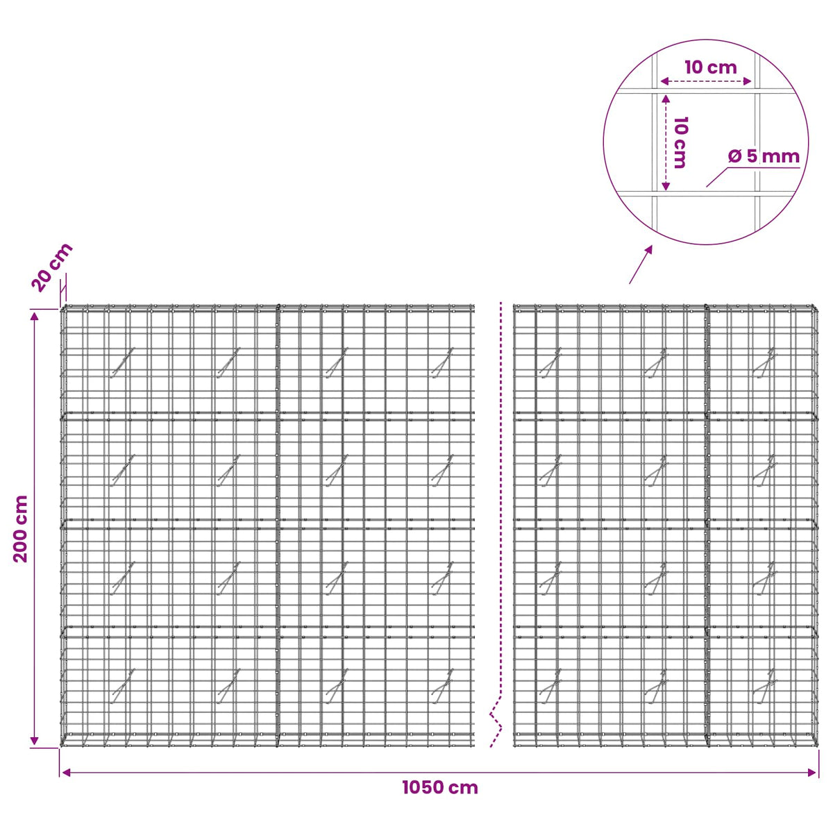 Gabion s žicom debljine 5 mm i mrežom 10x10 cm 1050x20x200 cm