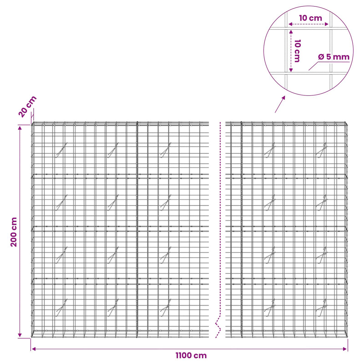 Gabion s žicom debljine 5 mm i mrežom 10x10 cm 1100x20x200 cm