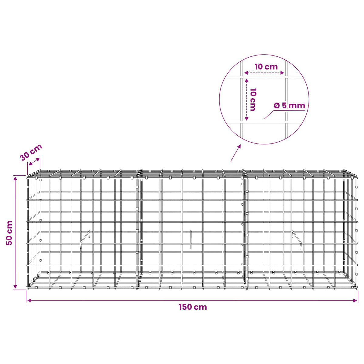 Gabion s žicom debljine 5 mm i mrežom 10x10 cm 150x30x50 cm